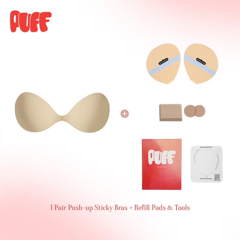 Puff #1 Push-up Sticky Bra – Waterproof & Sweat-proof, Portable, Reusable, Washable, Essential for Travel Women's Wear with Storage Board & Replaceable Adhesive Pads