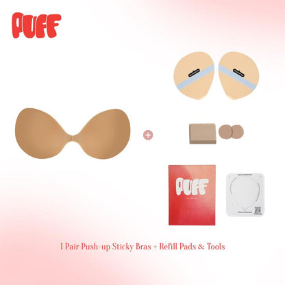 Puff #1 Push-up Sticky Bra – Waterproof & Sweat-proof, Portable, Reusable, Washable, Essential for Travel Women's Wear with Storage Board & Replaceable Adhesive Pads