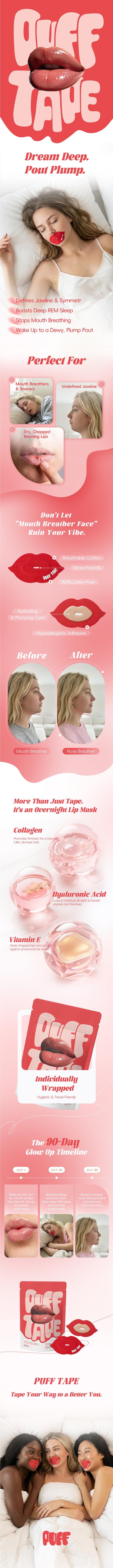 PUFF Tape Ultra-Moisturizing Sleep Strips – Designed for Beauty Sleep – Collagen, Hyaluronic Acid & Vitamin E for Overnight Lip Hydration, Plumper Lips & Refined Facial Appearance (30 Count)