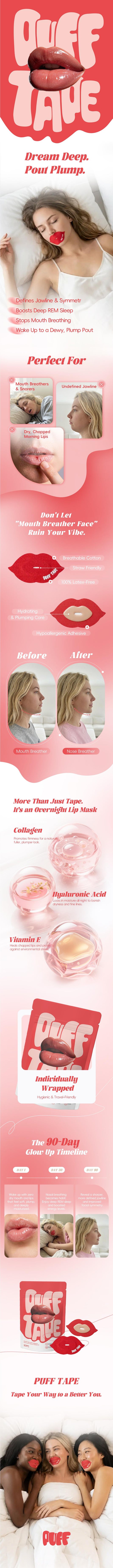 PUFF Tape Ultra-Moisturizing Sleep Strips – Designed for Beauty Sleep – Collagen, Hyaluronic Acid & Vitamin E for Overnight Lip Hydration, Plumper Lips & Refined Facial Appearance (30 Count)