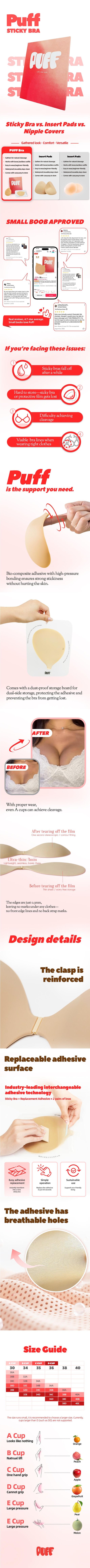 Puff #1 Push-up Sticky Bra – Waterproof & Sweat-proof, Portable, Reusable, Washable, Essential for Travel Women's Wear with Storage Board & Replaceable Adhesive Pads